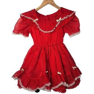 Vintage Sweet N Sassy Pageant Girls Dress Size 7 Red Ruffles Bows Bells Lace 80s